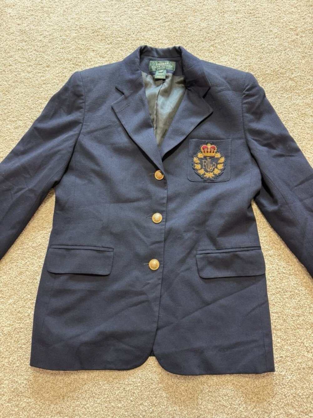 Lauren Ralph Lauren Wool Blue Single Breasted Blazer with 3-D Crown Emblem 12P